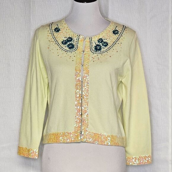 Moth Anthropologie 2004 Vibrant Light Green Beaded & Sequined Cardigan Sweater - Picture 1 of 13